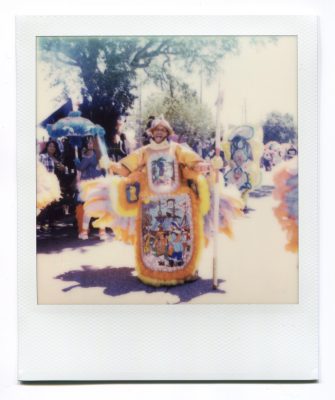 Spy Boy Dow of the Mohawk Hunters at Westbank Super Sunday 2019. Polaroid by Florent Dudognon